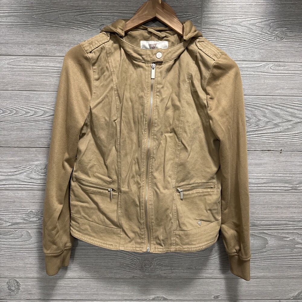 Moto Style Guess Women’s Beige Canvas Biker Jacket Women’s Size M Full Zip